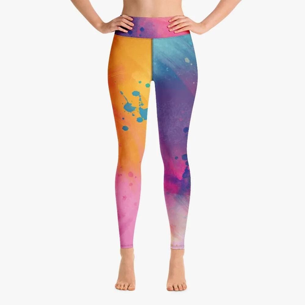 Loony Legs London Women’s Leggings Sz M Orange Pink Purple Cosmic Splash Galaxy